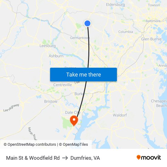 Main St & Woodfield Rd to Dumfries, VA map