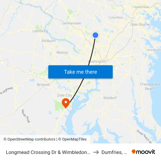 Longmead Crossing Dr & Wimbledon Dr to Dumfries, VA map