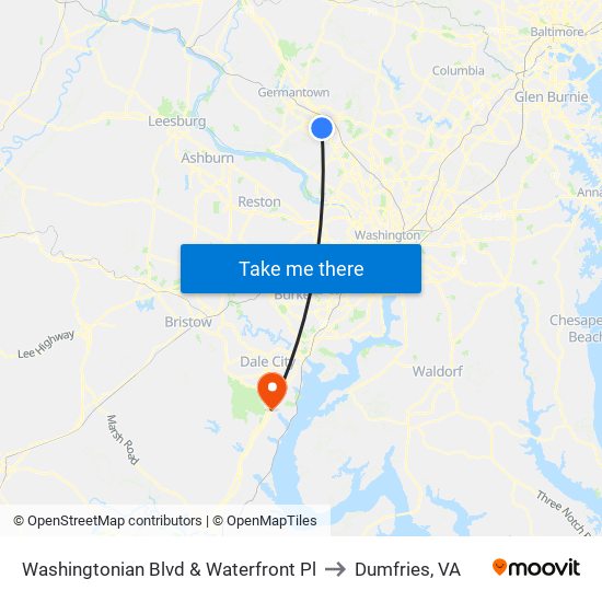 Washingtonian Blvd & Waterfront Pl to Dumfries, VA map