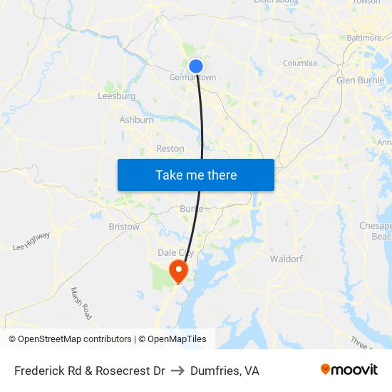 Frederick Rd & Rosecrest Dr to Dumfries, VA map