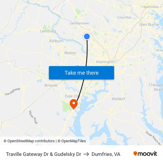 Traville Gateway Dr & Gudelsky Dr to Dumfries, VA map