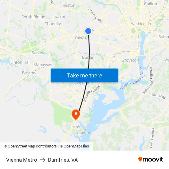 Vienna Metro to Dumfries, VA map