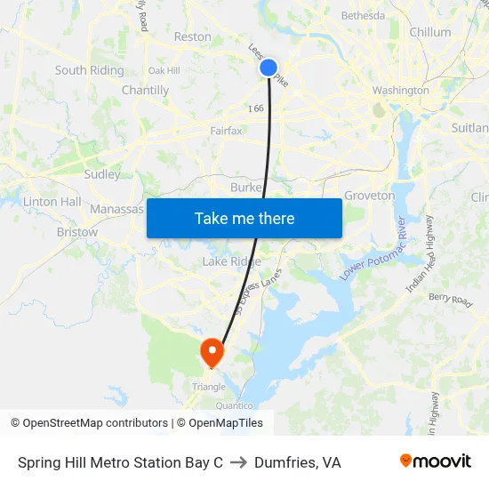 Spring Hill Metro Station Bay C to Dumfries, VA map