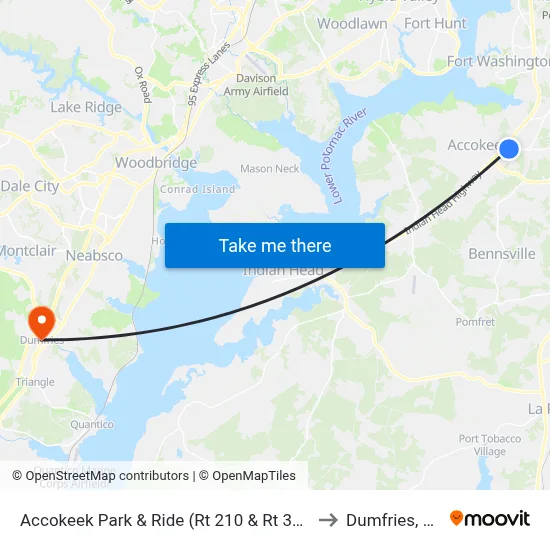 Accokeek Park & Ride (Rt 210 & Rt 373) to Dumfries, VA map