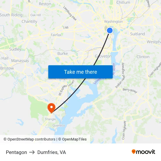 Pentagon to Dumfries, VA map