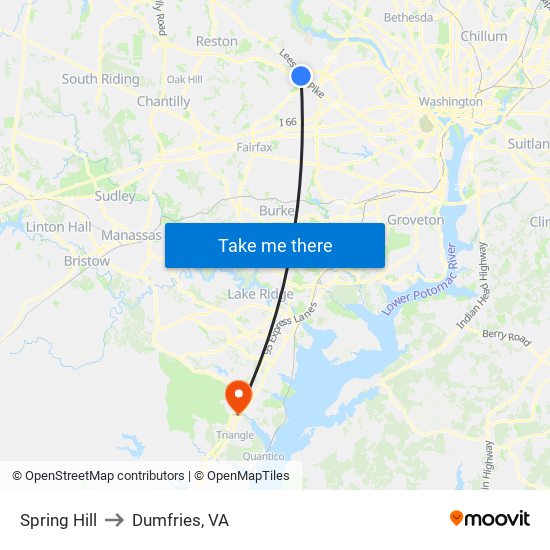 Spring Hill to Dumfries, VA map