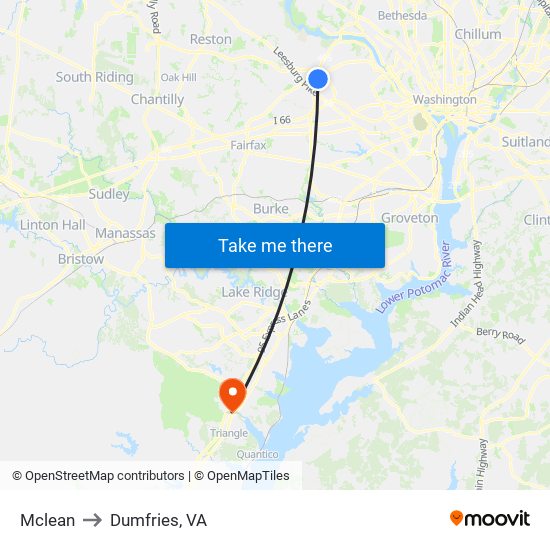 Mclean to Dumfries, VA map