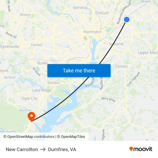 New Carrollton to Dumfries, VA map
