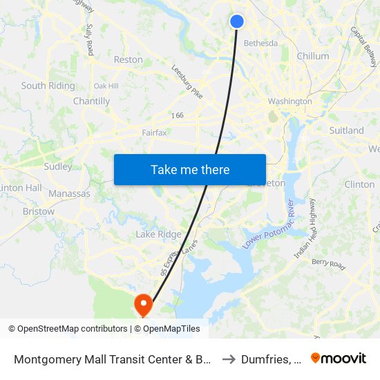 Montgomery Mall Transit Center & Bay D to Dumfries, VA map