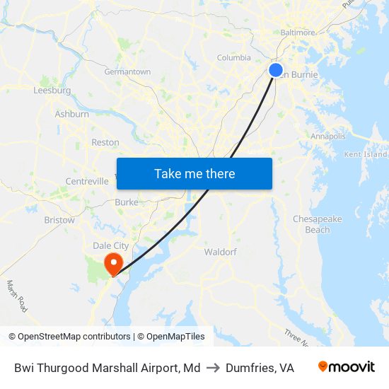 Bwi Thurgood Marshall  Airport, Md to Dumfries, VA map