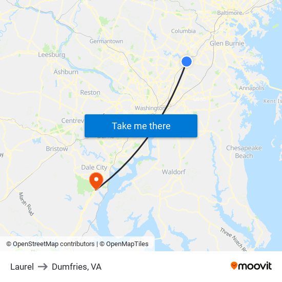 Laurel to Dumfries, VA map