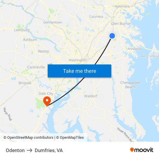 Odenton to Dumfries, VA map