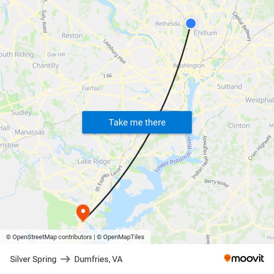 Silver Spring to Dumfries, VA map