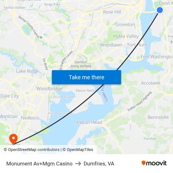 Monument Av+Mgm Casino to Dumfries, VA map