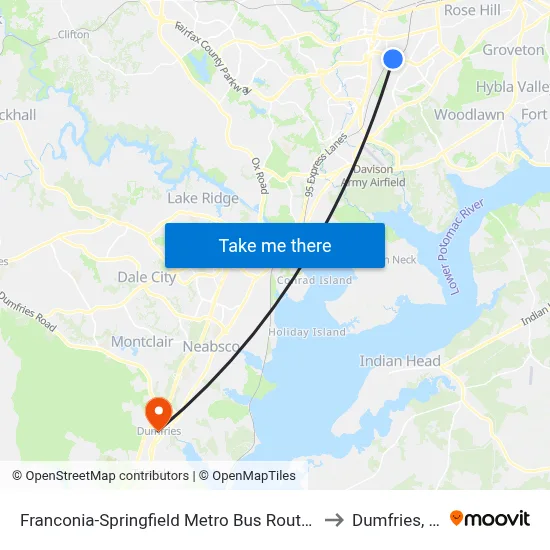 Franconia-Springfield Metro Bus Route 301 to Dumfries, VA map