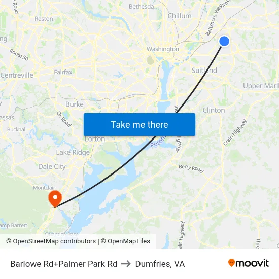 Barlowe Rd+Palmer Park Rd to Dumfries, VA map