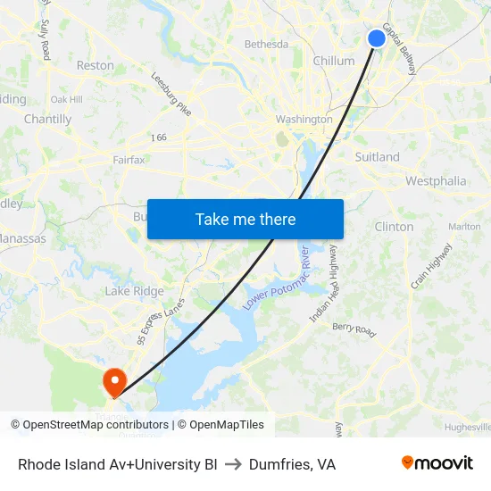 Rhode Island Av+University Bl to Dumfries, VA map
