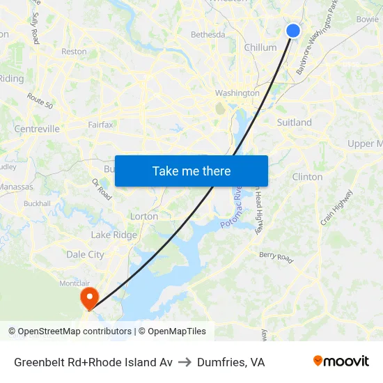 Greenbelt Rd+Rhode Island Av to Dumfries, VA map