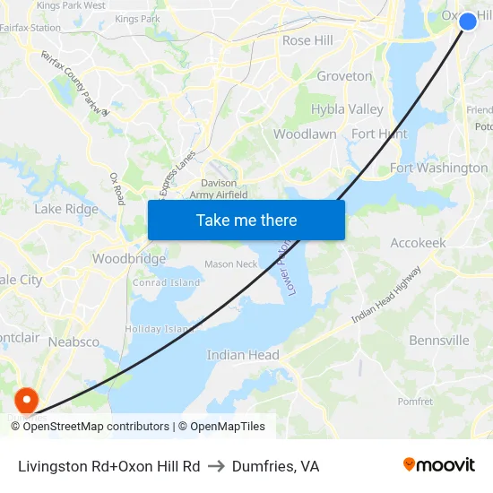 Livingston Rd+Oxon Hill Rd to Dumfries, VA map