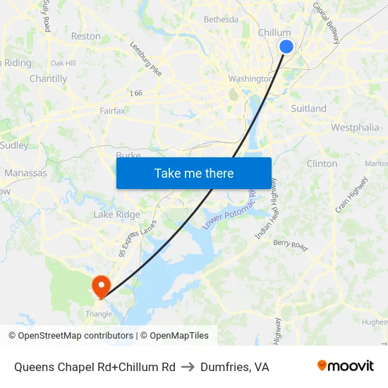 Queens Chapel Rd+Chillum Rd to Dumfries, VA map