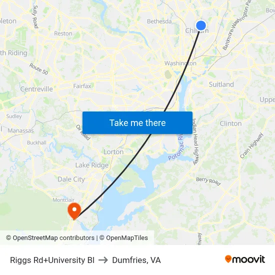 Riggs Rd+University Bl to Dumfries, VA map