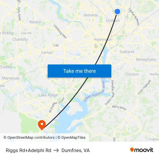 Riggs Rd+Adelphi Rd to Dumfries, VA map