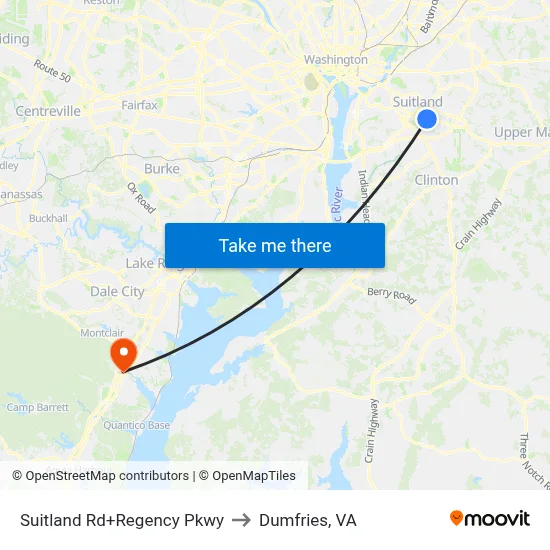 Suitland Rd+Regency Pkwy to Dumfries, VA map