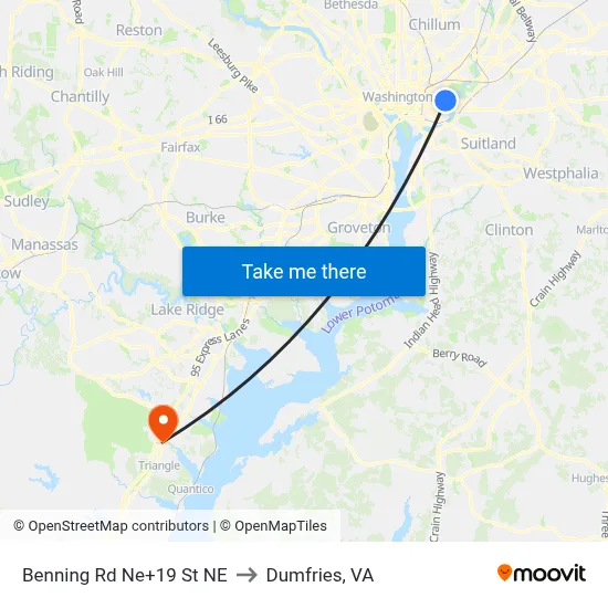 Benning Rd Ne+19 St NE to Dumfries, VA map