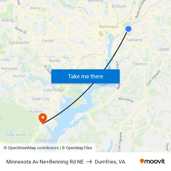 Minnesota Av Ne+Benning Rd NE to Dumfries, VA map