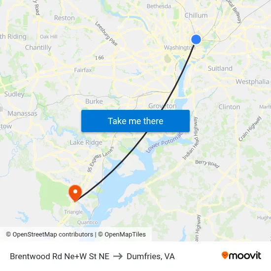 Brentwood Rd Ne+W St NE to Dumfries, VA map