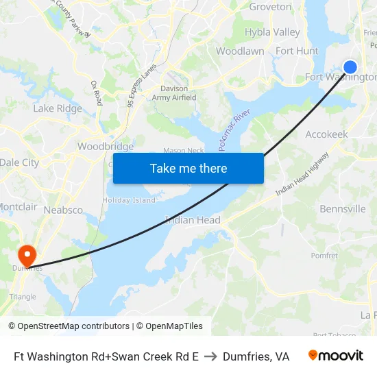 Ft Washington Rd+Swan Creek Rd E to Dumfries, VA map