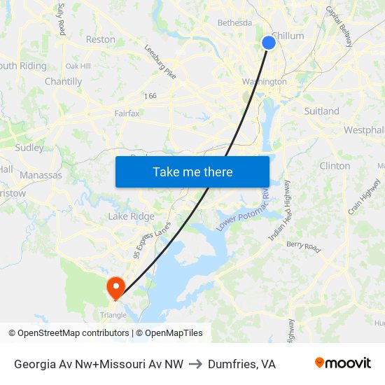 Georgia Av Nw+Missouri Av NW to Dumfries, VA map