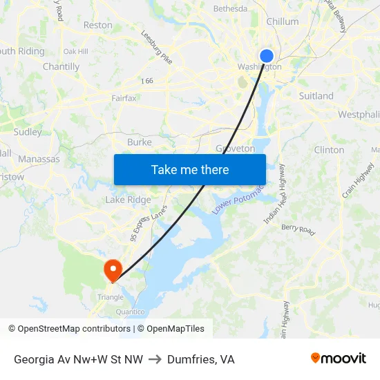 Georgia Av Nw+W St NW to Dumfries, VA map