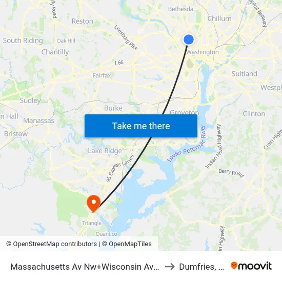 Massachusetts Av Nw+Wisconsin Av NW to Dumfries, VA map