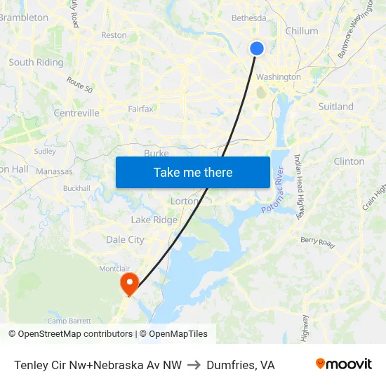Tenley Cir Nw+Nebraska Av NW to Dumfries, VA map