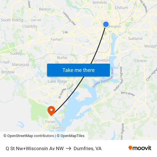 Q St Nw+Wisconsin Av NW to Dumfries, VA map