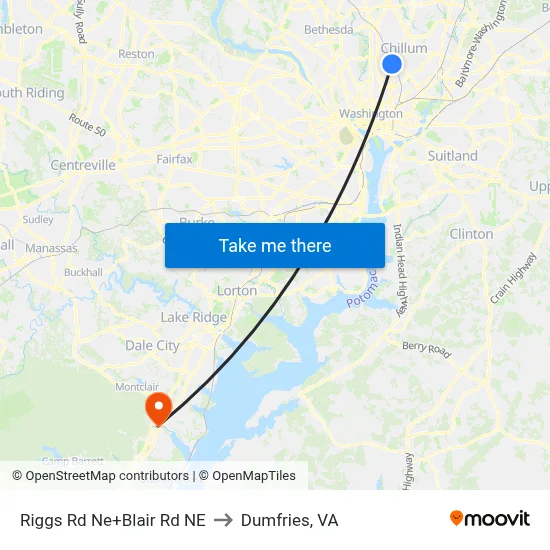 Riggs Rd Ne+Blair Rd NE to Dumfries, VA map