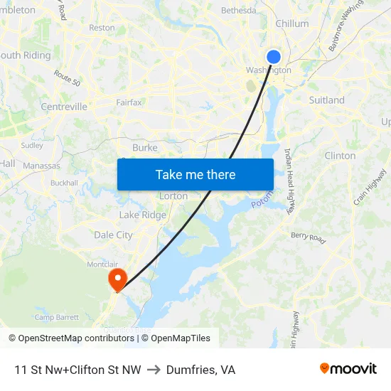 11 St Nw+Clifton St NW to Dumfries, VA map