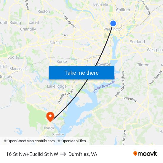 16 St Nw+Euclid St NW to Dumfries, VA map