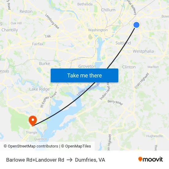 Barlowe Rd+Landover Rd to Dumfries, VA map