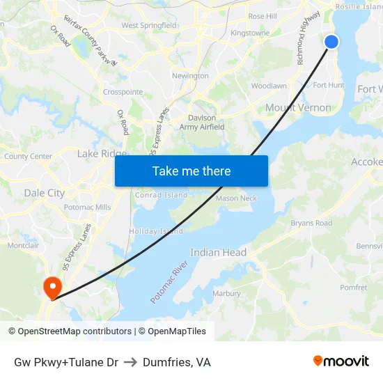 Gw Pkwy+Tulane Dr to Dumfries, VA map