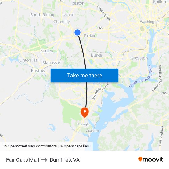 Fair Oaks Mall to Dumfries, VA map