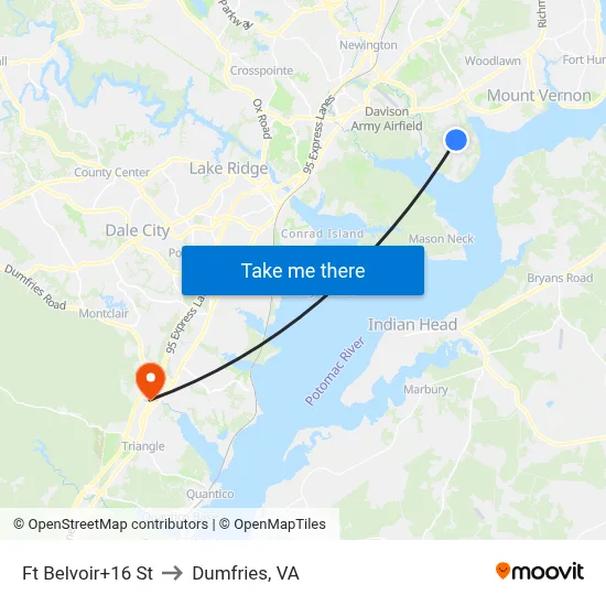 Ft Belvoir+16 St to Dumfries, VA map