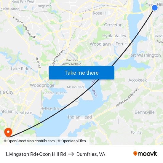 Livingston Rd+Oxon Hill Rd to Dumfries, VA map