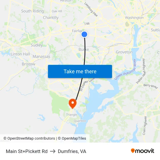 Main St+Pickett Rd to Dumfries, VA map