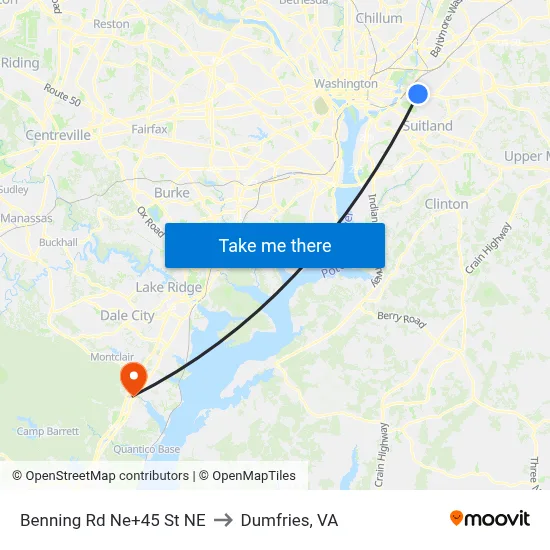 Benning Rd Ne+45 St NE to Dumfries, VA map