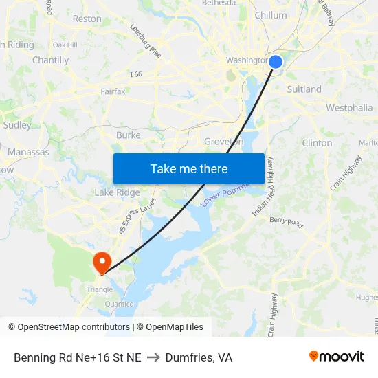 Benning Rd Ne+16 St NE to Dumfries, VA map