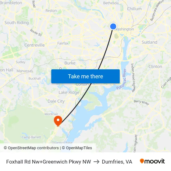 Foxhall Rd Nw+Greenwich Pkwy NW to Dumfries, VA map