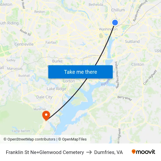 Franklin St Ne+Glenwood Cemetery to Dumfries, VA map