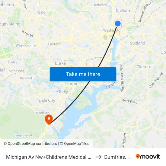 Michigan Av Nw+Childrens Medical Ctr to Dumfries, VA map